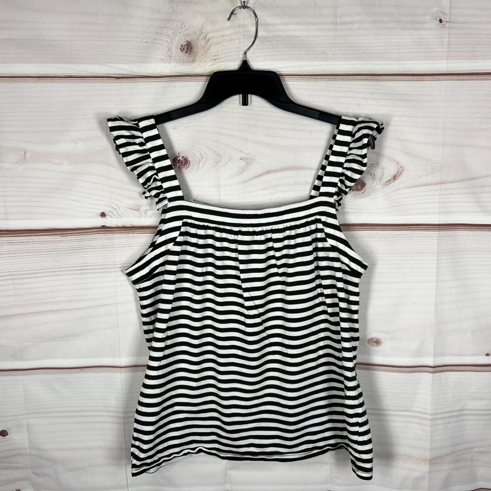Michael Kors Top Womens Large Green Stripe Tank Flutter Strap Cotton Modal‎ Knit